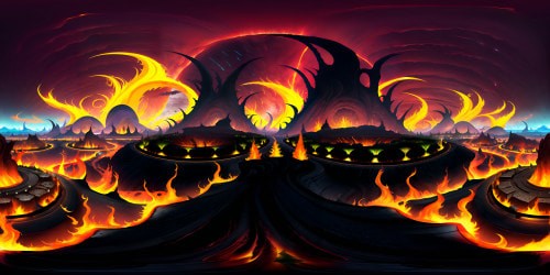 Infernal panorama, swirling flames, colossal obsidian towers, molten lava rivers. Surreal art style, high contrast hues, crimson, orange, pitch black. VR360 view, ultra-high res, apocalyptic beauty. Sombre masterpiece, radiant hellfire, intense heat waves distortion. VR360 immersive experience, hellish realm.