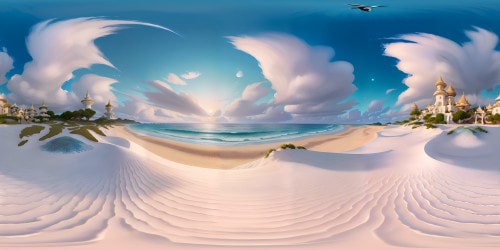 VR360 panorama, ultra-high resolution, masterpiece-style. Softly patterned sand, myriad seashells scattered. Encircling azure ocean, gentle white surf. Wispy clouds, painted sunrise hues. Pixar-style pastel gradient sky, fading stars. VR360 views dominated by vast, peaceful, beachfront spectacle.