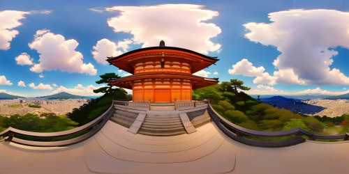 a classic panoramic skyline view of Kiyomizu-dera temple, Kyoto. Summer day with bright blue sky and fluffy clouds. With the temple and red Koyasu pegoda on the right.