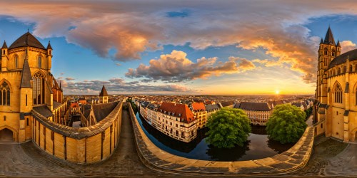 Golden rays of the setting sun illuminate the intricate medieval architecture of Ville de Metz, its ornate details gleaming in the golden hour, cobblestone streets basking in warm hues, flawless reflections in the Moselle River, a masterpiece captured in ultra-high resolution, revealing every meticulous detail of this historical cityscape.