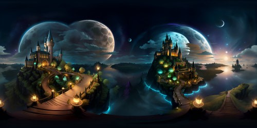 Grand spectacle, Hogwarts castle, imposing silhouette. Superior VR360 vista across serene lake, reflections dancing. Moonlit sky, studded with sparkling stars. Ultra high-resolution imagery, detailed digital painting. VR360 view, sweeping panorama. Masterpiece of fantasy art.