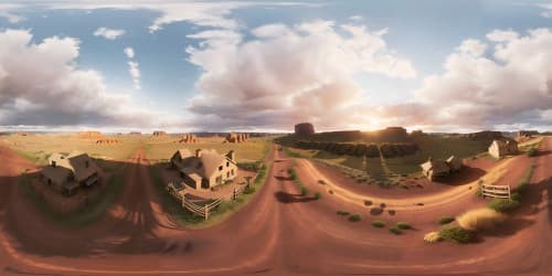 VR360 masterpiece, ultra high res, wild west expanse. Untamed plains, hillside perspective, old western style, distant sunset on the horizon in VR360. Best quality.