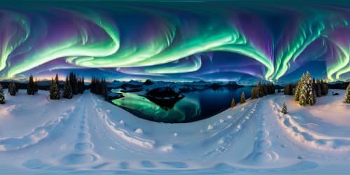 VR360 hyperrealism, snow-blanketed peaks glistening, vivid Christmas lights on spruce trees, moonlight's silver glow. Breathtaking northern lights, myriad stars, ultra-high-resolution, VR360 masterpiece night sky. Evoking awe-inspiring quality.