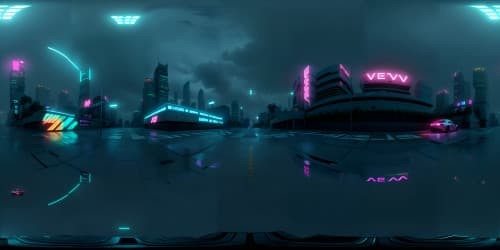 Nighttime cyberpunk cityscape, ultra-high resolution, VR360 masterpiece, best quality, proportional realistic cars, motorcycles, tinted windows, empty parked vehicles, minimal foreground, dominant expansive city view. Hard edge painting aesthetics, neon accents, high contrast, expressive color gradient sky in VR360 splendor. Pluie avec reflets, neon building reflections, perspective from sidewalk.