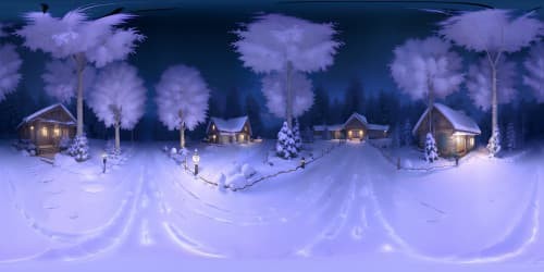 VR360: masterpiece quality, hyperrealistic textures. Winter wonderland theme, twinkling Christmas lights, snow-tipped pines. Style: ultra-high resolution, digital painting.