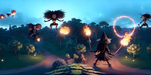 three african american female witchs flying through the sky throwing fireballs. one witch has dreadlocks. all are wearing black outfits'. one witchhas red air