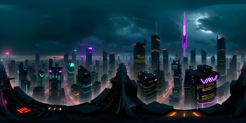 Cyberpunk city skyline, VR360 neon hues, high-tech skyscrapers, ultra high-res masterpiece. Futuristic billboards, towering spires, refracted lights, steely bridges. VR360 viewpoint, hovering drones, noir atmosphere. Anime-style, detailed textures, striking contrasts.