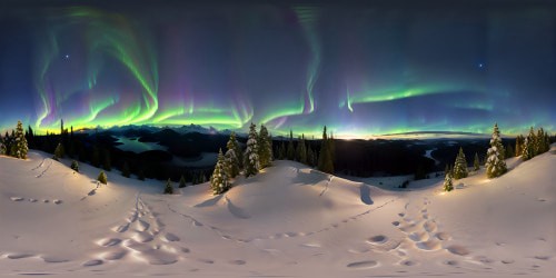 VR360 masterpiece ultra high-res, ultrarealistic nighttime snow dusted mountain overlooking forest valley panorama, dark starry night sky with northern lights, remote wilderness. moon behind the mountain range in the distance VR360 soft light illumination, fine detailing