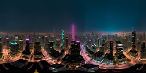 Masterpiece-quality VR360, Neo Tokyo skyline, high-res illuminated skyscrapers at nightfall, ultra-detailed cityscape bathed in neon glow, striking realism in VR360, ultra-high-res depiction