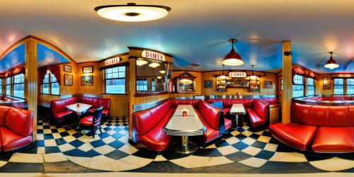 Impeccably detailed, ultra-high resolution depiction of Luke's iconic diner from "Gilmore Girls," capturing every rustic detail from the cozy interior, vintage checkered floors, worn leather barstools, to the gleaming chrome diner counter under warm, inviting lighting, inviting you to immerse yourself in the small-town charm and nostalgia of Stars Hollow.