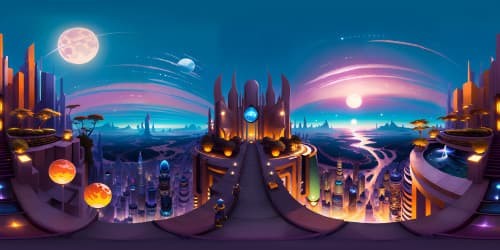 Masterpiece of ultra high resolution, VR360 cityscape. Skyscrapers' sharp edges against vibrant sunset hues. City lights twinkling in twilight's embrace. VR360 view of endless urban panorama, Pixar-style artistry.