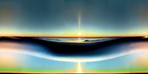 Masterpiece VR360, ultra-high-res, lost at sea perspective. Raft, expansive blue ocean, VR360 clear sky. Fluffy white clouds, sinking sun at horizon line.