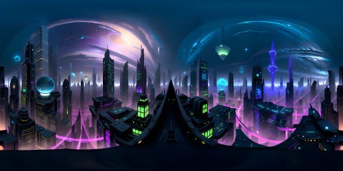 Ultra high res, rich neon metropolis, reflective skyscrapers. VR360 of pulsating holographic billboards, intricate interstellar network, advanced flying crafts. Masterpiece style, Blade Runner-esque cityscape in VR360, digital painting technique, dazzling lighting effects.