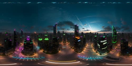VR360 view, cutting-edge megacity at night, neon glow, towering skyscrapers, digital art style, masterful depiction, ultra-high resolution. Futuristic, seamless VR360 panorama, luminescent cityscape, pixel perfection.