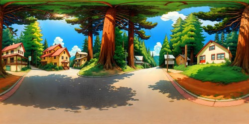 Californiasubban crossroads on a sunny day with redwood trees and greenery around the houses close by Must be photo realistic 