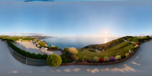 Ultra-high-resolution VR360 panorama. Hilltop patio vista, ocean, neighboring town. Spectacular VR360 skyline view. Masterful, best quality, breathtaking expanse. Oceanic hues meeting terra-cotta town, hillside elegance.