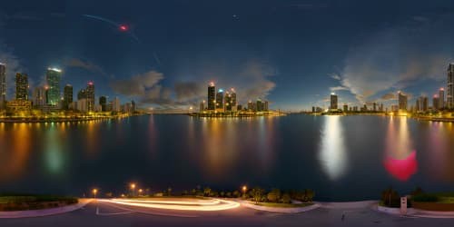 Masterpiece quality, ultra-high resolution, Miami Beach Florida skyline at night, riverside view, reflection on water, city lights shimmering, surrounding darkness, illuminated skyscrapers, VR360 vividness. Style: digital realism.