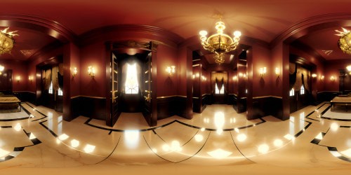 VR360 view of opulent, baroque-inspired scene, gold and velvet drapes, intricate, ornate ironwork. Focus on grandeur, dominance, high-end elements. VR360 panorama of colossal candle chandeliers, lavish, immersive surroundings. Ultra-high resolution, meticulous detailing, exquisite rendering, masterpiece. Subtle, tasteful edge of bondage aesthetic - grandeur, restraint, liberation interplay. Style: Baroque realism meets modern dark