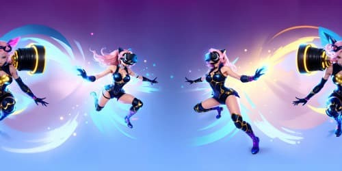 Masterpiece quality, ultra-high resolution, five royalty-inspired figures in pink attire, one distinctive with blue hues in vision, two sporting golden tresses, posed squatting, arms gracefully elevated, detailed underarm view, feline-inspired head features in a captivating VR360 scene