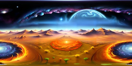 Masterpiece quality, ultra-high resolution VR360 views. Glittering cosmos, punctuated by nebulae, star clusters, celestial bodies. Golden sunlight diffusing on crystalline ice peaks in foreground. Impressionist style color palette, Van Gogh-esque swirling textures, fine details throughout. VR360 canvas for limitless visual immersion.
