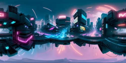 VR360 ultra-high-resolution, masterpiece-quality, cyberpunk dystopia. Neon-lit high-rises, fragmented holographic billboards, sprawling future cityscape. Dystopian essence, intense colors, detailed texturing. Synthwave-style, digital painting technique. Severe, atmospheric distortion for a VR360 immersive experience.