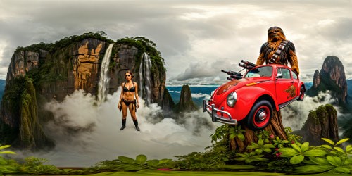 A lavish, hyper-realistic jungle planet showered in cascading lemonade rain, vibrant purple and bright red flora, Princess Leia in regal attire fending off colossal red bug adversaries styled as Mexican wrestlers, alongside a modified 1959 Volkswagen Bug spaceship piloted by Han Solo amidst a towering Chewbacca, seething with righteous fury.