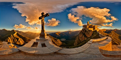 A flawless masterpiece in ultra high resolution captures a majestic view of Valle de los Caídos, with the imposing granite cross towering over the valley, intricate sculptures adorning the basilica's façade, and ancient stone structures bathed in golden light, casting long shadows in the late afternoon sun.