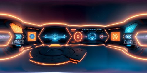 VR360 spaceship interior, ultra high-res, orange-lit control panels, sleek command deck. Metallic surfaces, soft light reflections. Futuristic screens, holographic displays, intensity of orange theme. VR360 cyberpunk influence, radiating futurism. Masterpiece, ultra high-resolution, 16k unreal engine octane render. Photo-realistic, VR360 experience, brilliance, radiance.