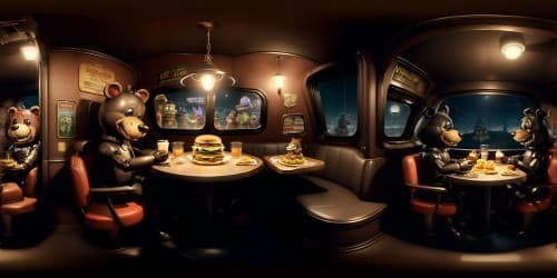 game five night at freddy's restaurant, with u.s. 90s fast food style creepy dark light. with a scary mechanical dark brown teddy bear