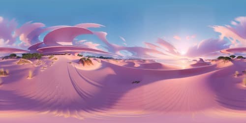 VR360 panorama, pink hues defining ambiance, beachfront in focus. Ultra-high resolution, intricate texture details evident. Sand particles, glistening in sunlight, forming miniature dunes. Softly undulating ocean, glistening under vibrant sun. Pixar-style, optimized for subtle yet lifelike rendering. Overarching masterpiece with a lively atmosphere.
