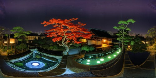 Expansively panoramic Edo period Japenese Zen garden at night, with cozy warm toned glowy lighting. Emaculately detailed landscaping. Deep warm toned color palette, with deep reds, magentas,browns, deep orange-yellow tones. Warm feverish Ghibli-esque aesthetic.