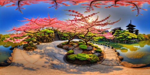 A flawless, ultra-high-resolution view of a serene Japanese garden in full bloom, vibrant cherry blossoms adorning ornate pagodas, winding stone paths beside tranquil koi ponds reflecting a clear azure sky - a visual masterpiece capturing the essence of tranquility and perfection in exquisite detail.