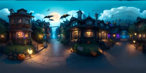 Masterpiece, Ultra high-res VR360 view, Halloween ambiance, Zootopia-influenced urban architecture, gigantesque moonlit pumpkin sculptures, VR360 ghoulish anthropomorphic city, dominating eerie autumn palette, devoid of organisms, superior artistry