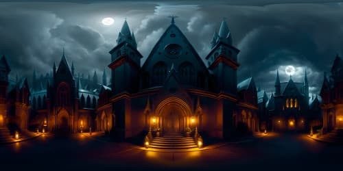 Ultra high-res VR360 cathedral, gothic architecture mastery, cryptic angel-statues conference, Halloween-themed atmosphere. Masterpiece finish, chiaroscuro technique, digital painting stylization.