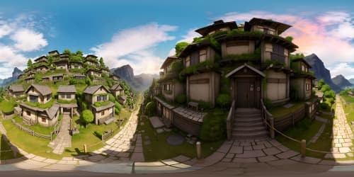 Naruto's village, Konoha, ultra-high-res visuals, layered rooftops in warm hues, colossal Hokage faces etched into mountains, VR360 sprawling leaf-strewn pathways. Masterpiece art-style, akin to anime, vivid color palette for enticing VR360 panorama.