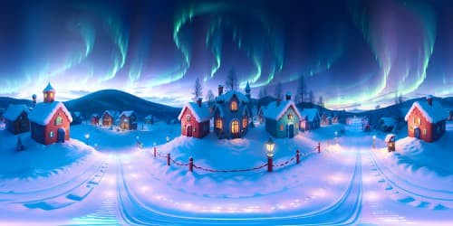 Masterpiece quality, ultra-high resolution, VR360 view of Santa Claus Village, illuminated candy cane street lamps, snow-covered gingerbread houses, shimmering Northern lights, Pixar-style.