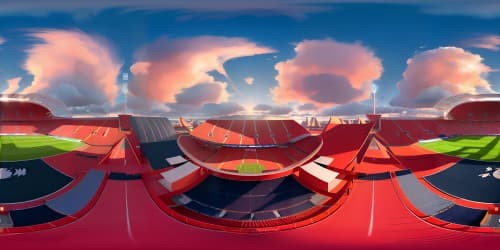 Manchester United Stadium, VR360 masterpiece, ultra-high res detailing, vibrant football pitch, grandstand, stadium lights. Architectural prowess, red seats arrayed, hints of club logos. VR360 panorama, digital painting style, magical sky, cloud formations, sunset hues.