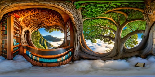 An otherworldly, enchanted library residing inside the colossal hollow trunk of a sacred tree, showcasing shelves embellished with ancient leather-bound tomes, softly gleaming orbs of magic, intricate wooden carvings, ethereal dust motes dance in the golden sunlight filtering through emerald leaves, an impeccable fusion of nature and knowledge presented in a flawless ultra-high resolution masterpiece.