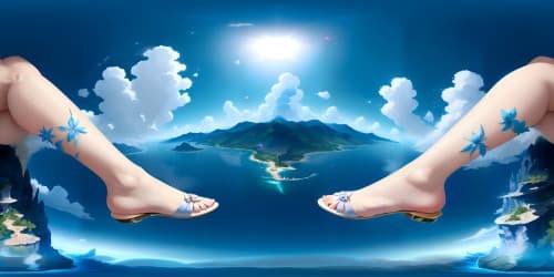 VR360 vantage point: beneath a beautiful womans  bare feet, ultra high-res textures. Masterful watercolor style, dreamy soft pastels for skin tones. Expansive sky view, glimpses through toes. Focus on soles of feet  detailing, amidst elegant cloudscape.