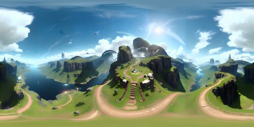 Halo Infinite inspired VR360, mountaintop vista, ring curvature visible. Ultra high-res vivid colors, sunlight cascade. Gigantic Forerunner structures, distant contours, verdant valleys. Masterpiece style, stunning VR360 grandeur, fantasy digital painting.