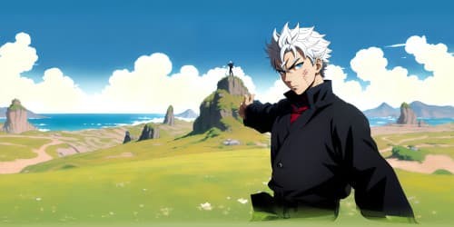 Jujutsu Kaisen character Gojo Satoru in silver hair, blue eyes, flying in the sun set sky. With his one hand points out.