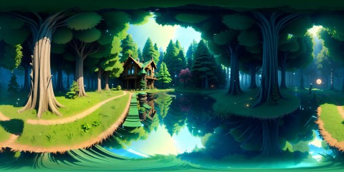 Masterpiece VR360 scene, quality ultra high-res. Lush, rain-drenched forest encircling tranquil lake. Droplets rippling surface, pine tree silhouettes mirrored in water. VR360 palette: moody blues, rich greens. Style: realist digital painting.