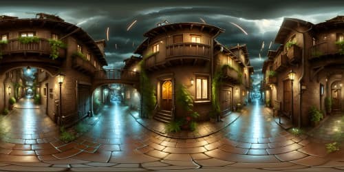 VR360 view: Dimly-lit alleyways, cobblestone paths, VR360 skyline: dark, ominous clouds, scattered moonlight. Style: Ultra high-resolution, fine details, grand masterpiece, shadow play.