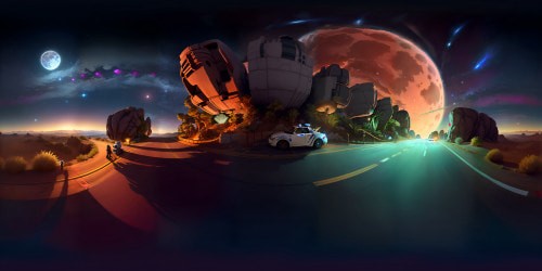 A dark desert highway road in the middle of the night, with a small full moon directly overhead and light wispy clouds over pale white stars. A motorcycle cop is standing next to the road talking to Sonic the Hedgehog.