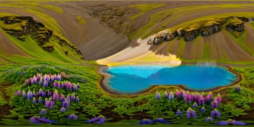 A flawless, breathtaking summer scene in Iceland at sunrise, featuring tranquil mist-shrouded hot springs ponds reflecting the intense aqua sky and vibrant tundra adorned with lupine flowers, all under a serene, crisp morning atmosphere with distant highland mountains.