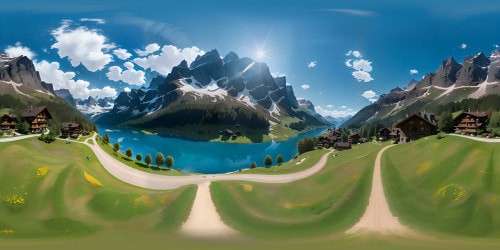Swiss Alps peaks, undulating meadows, serene lakes, quaint chalets. High contrast, ultra-high-res VR360. Vibrant color palette. Swiss landscape, visual masterpiece. Detail-rich, Pixar-style rendition, VR360 panorama view.