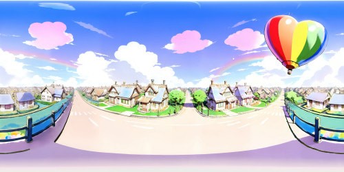 Masterwork pixel precision, VR360 quaint space, pastel palette heartening. Teacup houses on fluffy clouds, floating balloons, rainbow bridges arching across cotton candy sky. VR360 perspective, adorable room, ultra high-resolution impressionistic style, Pixar charm.