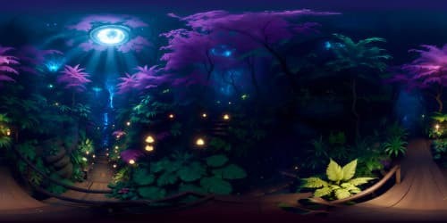 Avatar-style, neon-glowing rainforest, nocturnal magnificence, ultra high-resolution. Luminous flora, iridescent foliage, shrouded in night's mystique, 360 VR view. Hyperrealistic artistry, grand tableau, VR360 masterpiece in highest quality.