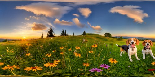 Flawless portrait capturing a serene meadow filled with vibrant wildflowers, adorned with playful beagles and mini schnauzers under a picture-perfect sky, an artistic masterpiece in ultra high resolution.