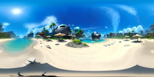 VR360 panoramic view, ultra high-definition, futuristic beach scene from 2070, sleek, minimalist cabanas, advanced aquatic vehicles, floating smart-drinks, tech-infused parasols, neon holographic signatures in the sky, distinct style fusion of cyberpunk and vaporwave aesthetics.